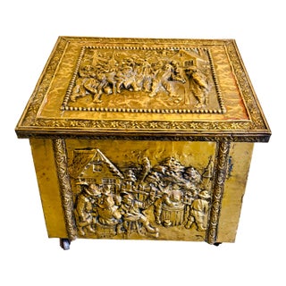 19th-Century Style English Repoussé Brass Fireside Coal & Kindling Box on Casters For Sale
