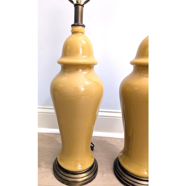 Mid Century Yellow Ceramic Lamp Pair Ginger Jar Style For Sale In Raleigh - Image 6 of 11