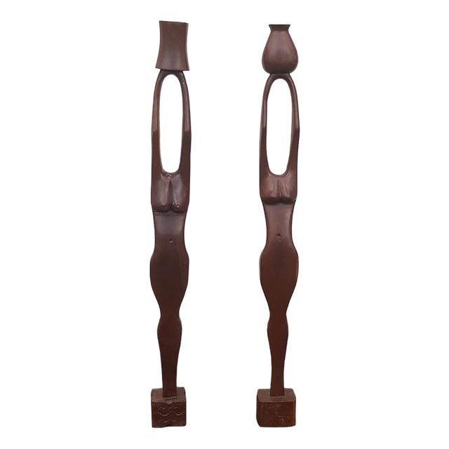 Large Hand Carved African Candleholders, Set of 2 For Sale