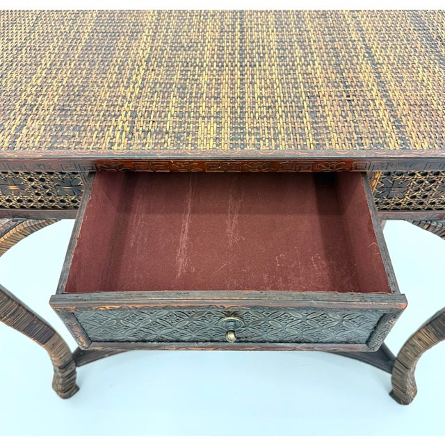 Wood Vintage Woven Rattan Writing Desk For Sale - Image 7 of 7