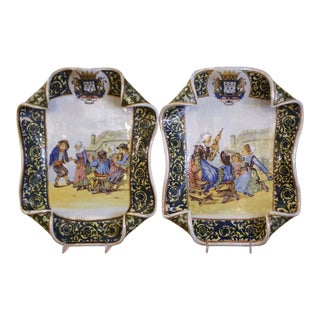Pair 19th C. French Quimper Porquier-Beau Faience Wall Platters With Figures For Sale