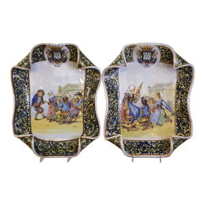 Pair 19th C. French Quimper Porquier-Beau Faience Wall Platters With Figures