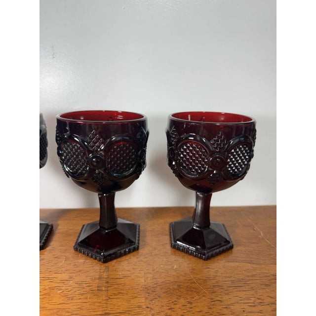 Vintage Ruby Red Pressed Glass Goblets Diamond Pattern Pedestal Stemwar - Set of 3 For Sale - Image 9 of 18