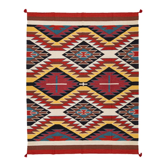 Modern Multicolor Navajo Style Wool Area Rug With Geometric Eye Dazzler Motif For Sale