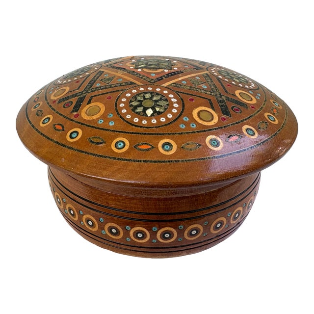Vintage Hutsul Style Turned Wood Lidded Box With Mother-of-Pearl Inlay – Ukrainian Folk Art Inspired Jewelry Box For Sale