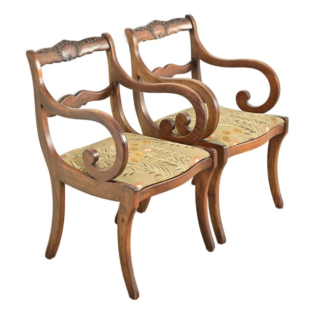 Kindel Furniture Style Regency Carved Solid Mahogany Armchairs, Pair For Sale