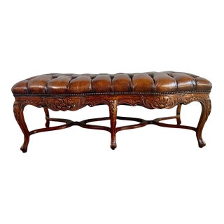 6-Legged French Louis XV Style Leather Tufted Bench For Sale