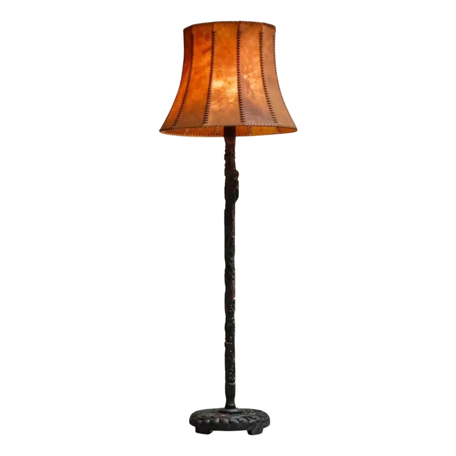 Floor Lamp in Hand-Carved Wood with Leather Shade, Early 20th Century ...
