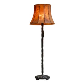 Floor Lamp in Hand-Carved Wood with Leather Shade, Early 20th Century For Sale