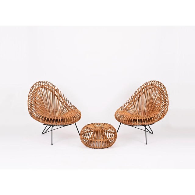 Rattan Chairs, Pouf and Mirror attributed to Janine Abraham & Dirk Jan Rol, 1960s, Set of 4 For Sale - Image 14 of 18