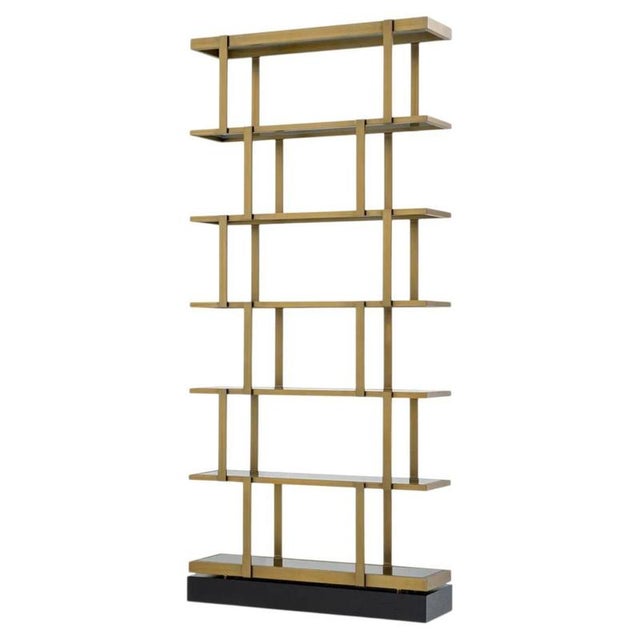 Wood Shelves in Brushed Brass Finish and Smoked Glass For Sale - Image 7 of 7