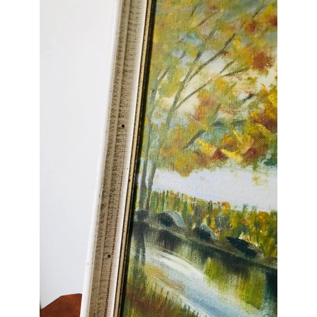 Vintage Cottage-Core Cabin on a Lake Oil Painting - Framed For Sale - Image 4 of 9