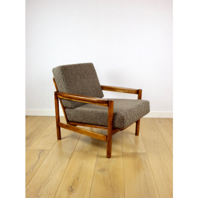 1970s Vintage Wooden Armchair in Chocolate Brown Boucle Lamb from Z. Baczyk For Sale - Image 5 of 12