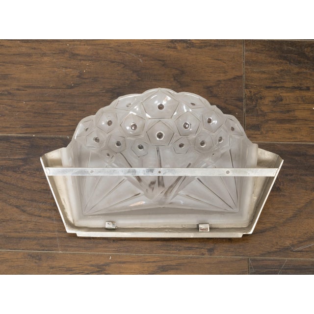 Art Deco Early 20th Century Art Deco Period Molded Glass Wall Sconces in Silvered Metal Mounts - Pair For Sale - Image 3 of 10