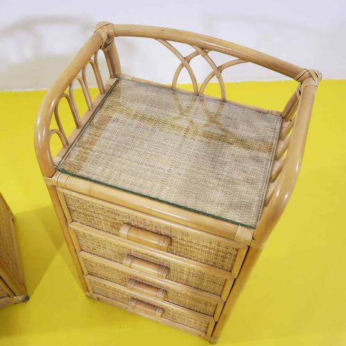 Pair of Rattan Nightstands with Four Drawers and Glass Top