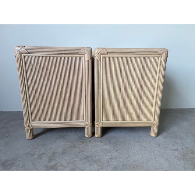 Vintage Coastal Rattan & Leather Top One-Drawer Nightstands – A Pair For Sale - Image 4 of 12