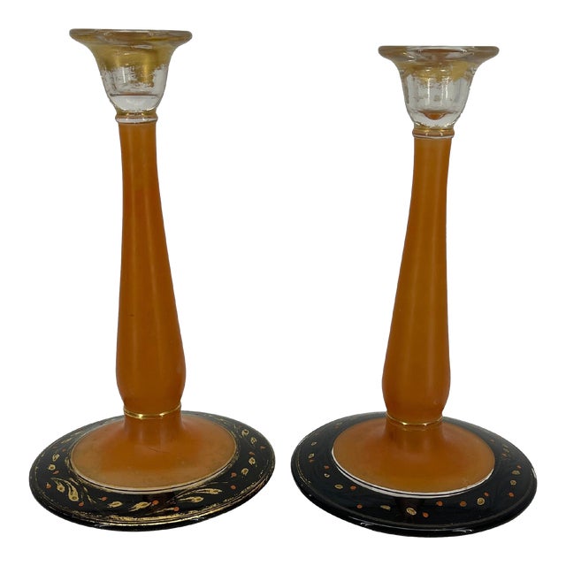 1930s Charles Schneider Style Art Deco Pressed Orange Glass Candlesticks - A Pair For Sale