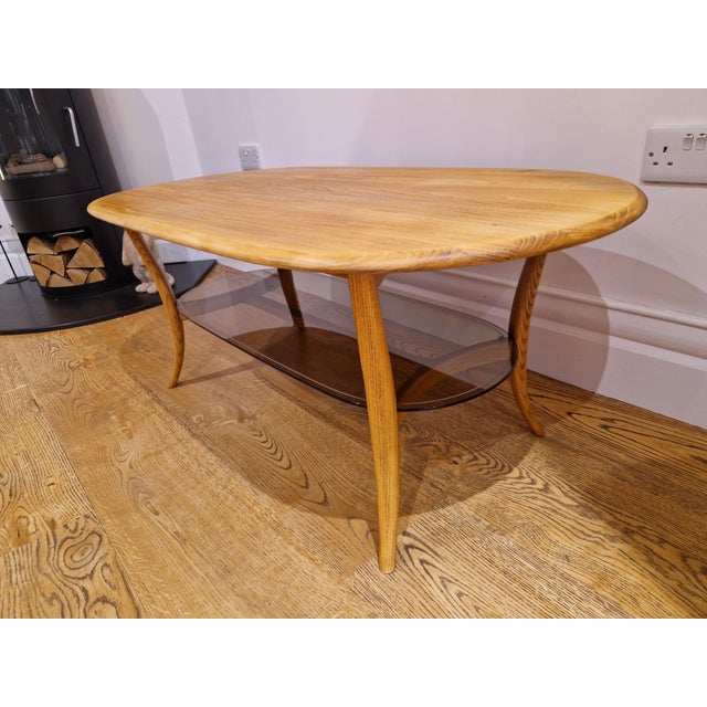 Wood Mid-Century Blonde Oval Coffee Table Smoked Glass from Ercol, 1970s For Sale - Image 7 of 11