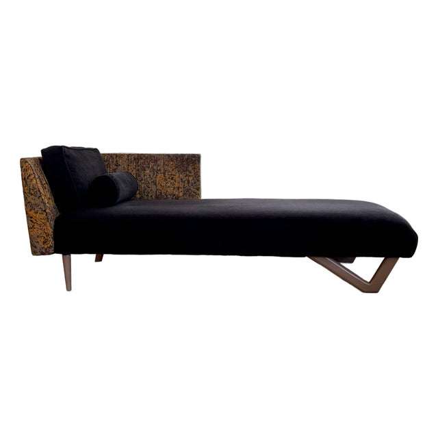 1960's MCM Sofa Chaise - Reupholstered in Black Chenille and a Burnt Orange/Tan/Brown Paisley Cotton Fabric For Sale