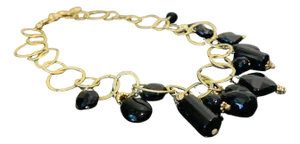 Carol Dorsey Walker Hammered Gold-Tone Statement Necklace | Chunky Link Bib Necklace With Dangling Black Stones | Bejeweled Collection
