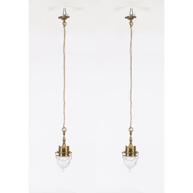 Antique Edwardian Brass and Cut Crystal Ceiling Light, 1900, Set of 2 For Sale - Image 14 of 16