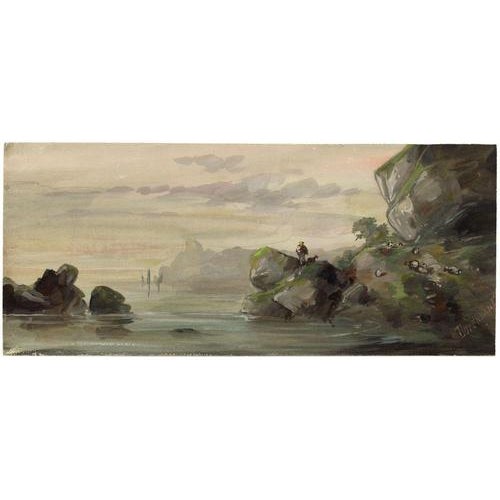An original c.1870 gouache painting, Alexandre Dupendant, Vision of Peace; Figure on Coastal Rocks.An imaginative work in...