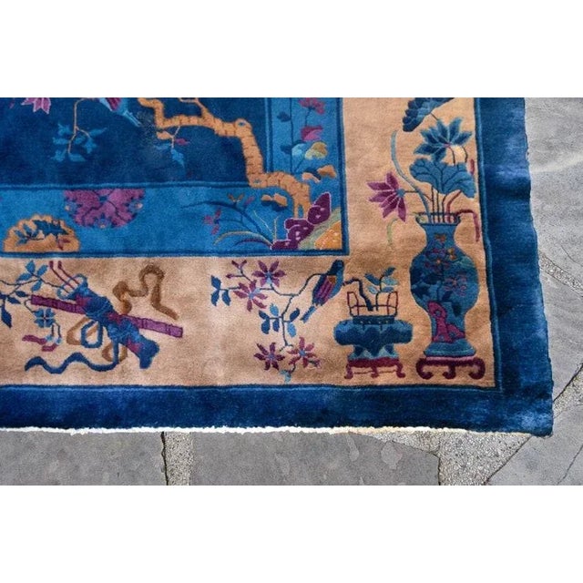 1920s Antique Chinese Art Deco Rug Medallion Botanical Royal Blue Hand Knotted Manchester Wool Rug - 12’3” X 14’5” For Sale - Image 9 of 10