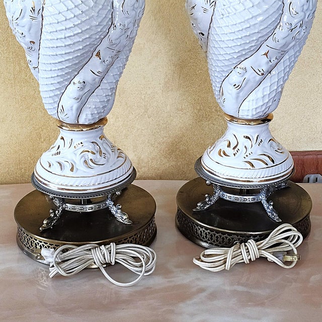 Pair of Vintage Italian Capodimonte Table Lamps – White & Gold 30" Ornate Ceramic Lighting For Sale In Washington DC - Image 6 of 18