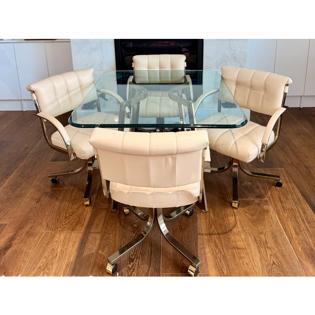 Mid-Century Modern Vintage Cal-Style Bronzed Chrome & Glass Dining Set With Rolling Armchairs — Set of 5 For Sale - Image 3 of 14