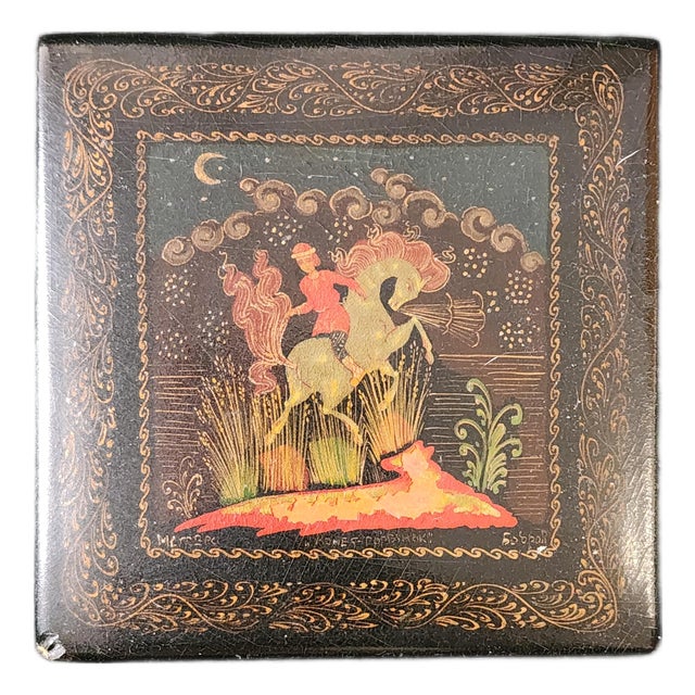 Vintage Hand Painted Lacquerware Palekh Miniature Table Box With Receipt From Prior Sale in 1990s For Sale