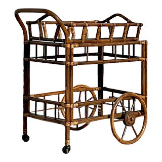 Vintage Coastal Rattan Bar Cart With Butler’s Tray For Sale