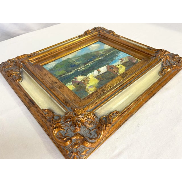 Original Signed 'LeBlanc' Framed Oil Painting on Canvas Depicting Hills and Harbor For Sale - Image 11 of 12