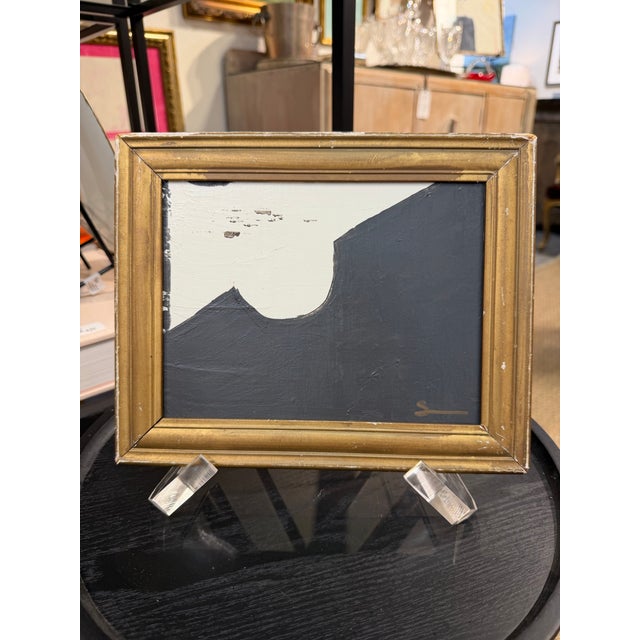 Original modern abstract by Houston artist, Shannon Weir. The black and white painting on panel. The frame is antique.