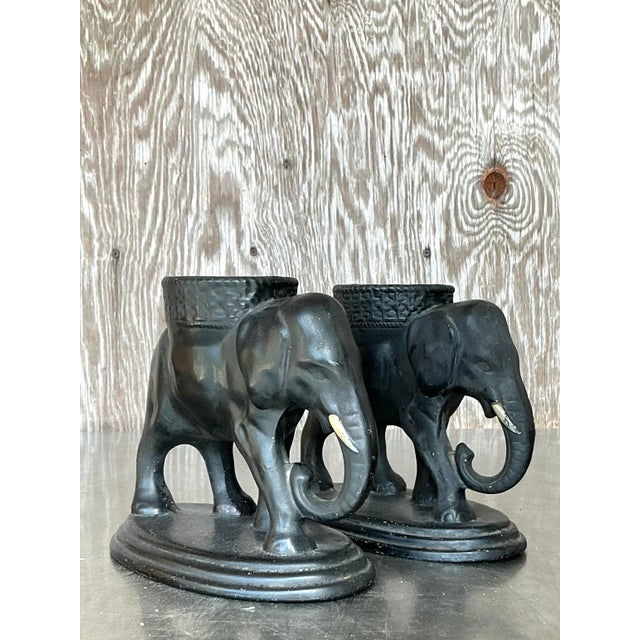 Vintage Boho Matte Glazed Ceramic Elephants- Set of 2 For Sale In West Palm - Image 6 of 10