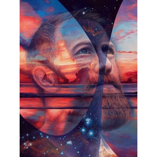 Solace in Surrender by Amanda Seckington | Oil on panel Portrait of a man with a cosmic landscape. For Sale