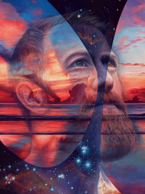 Solace in Surrender by Amanda Seckington | Oil on panel Portrait of a man with a cosmic landscape.
