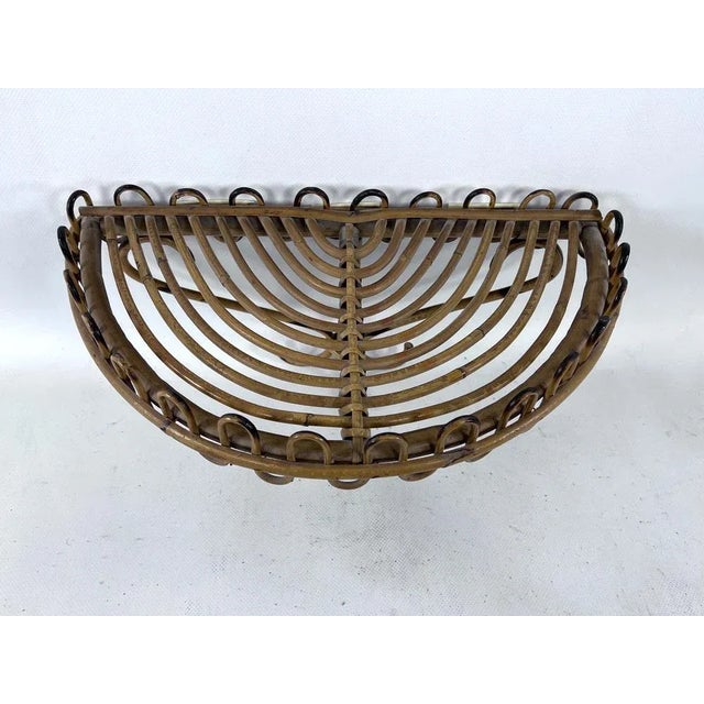 1960s Mid-Century Italian Shelf Console Table with Wall Mirror in Rattan and Bamboo, 1960s, Set of 2 For Sale - Image 5 of 13