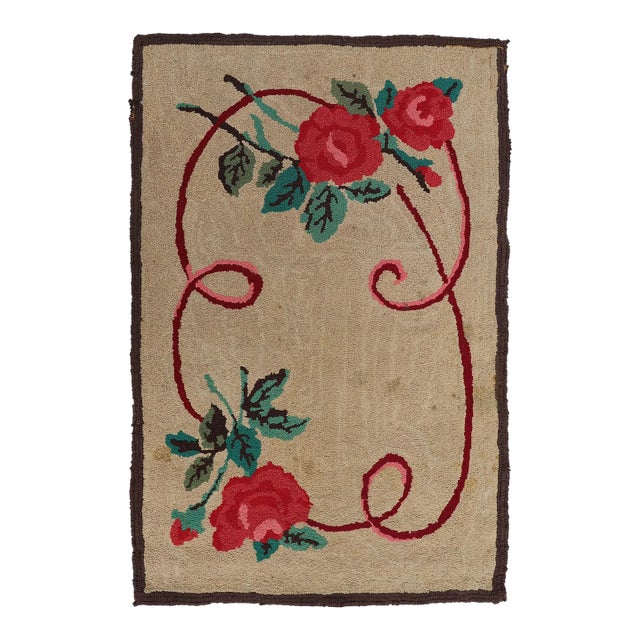 2'x4' Antique American Hooked Rug | Floral Hooked Area Rug For Sale