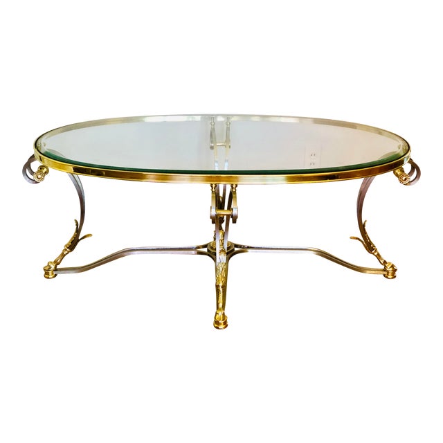 Vintage Jansen Style Neoclassical Oval Brushed Steel & Brass Glass Top Coffee Cocktail Table For Sale