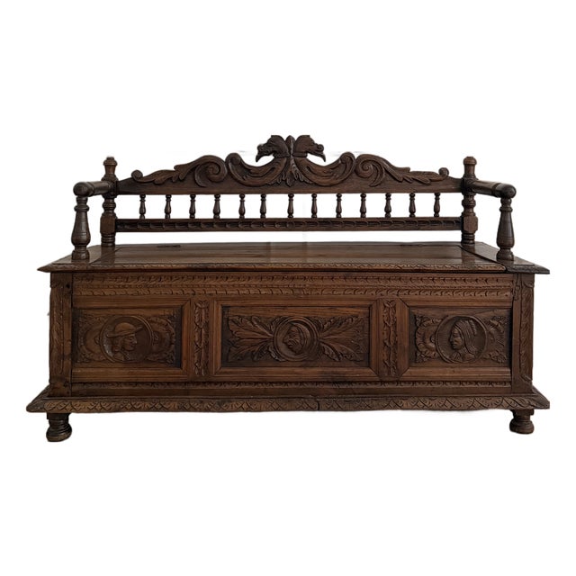 Late 19th Century French Carved Oak Storage Bench / Coffre De Mariage For Sale