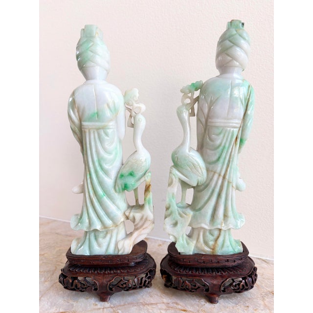 Pair 10" Antique Chinese Qing Natural Jadeite Jade Kuan Yin With Cranes & Stands For Sale In Los Angeles - Image 6 of 12