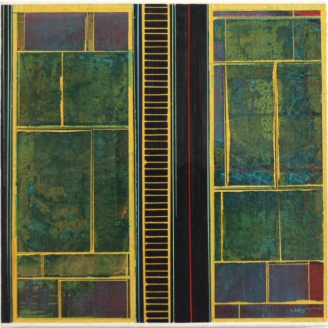 Wood Fields No. 8 - Original Green and Gold Geometric Mixed Media Acrylic Painting on Wood Panel For Sale - Image 7 of 7
