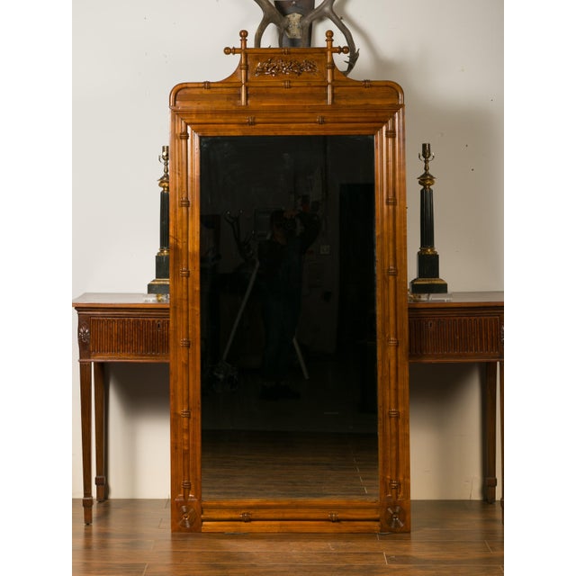 Early 20th Century Large English Faux-Bamboo Walnut Mirror Made of 1900s Doors with Carved Ivy For Sale - Image 5 of 12