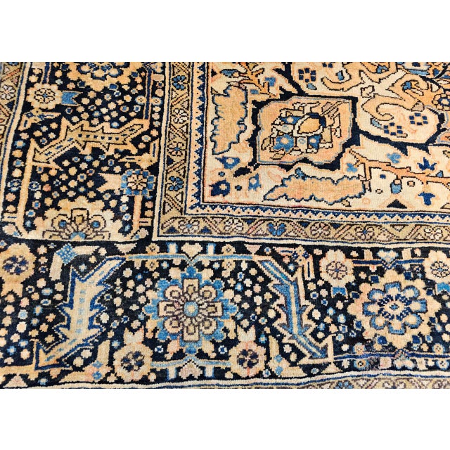 Vintage Persian Heriz Rug, Hand-Knotted Wool, Geometric Medallion Pattern,Tan & Navy, 9x13 For Sale - Image 14 of 18