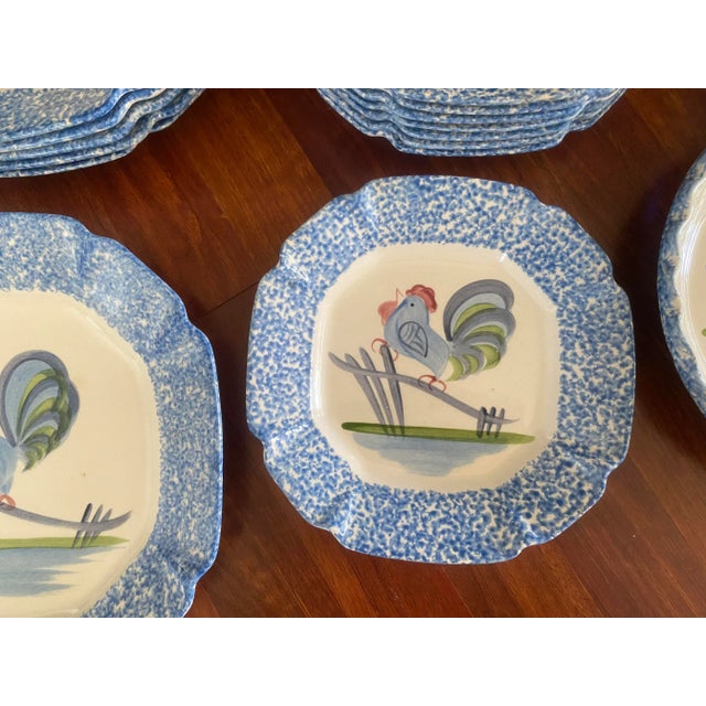 Vintage Rustic Farmhouse Country Blue Stipple Rooster Los Angeles Potteries Dish Set- 24 Pieces For Sale - Image 4 of 9