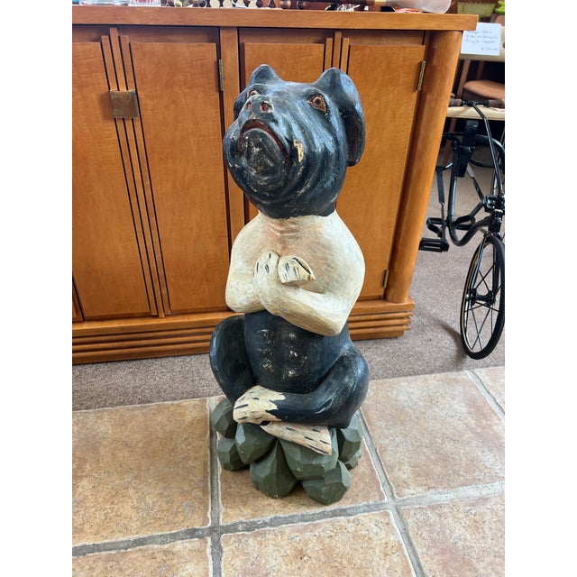 Solid Wood/tree folk art hand carved anthropomorphic pig statue, unsigned This is vintage and there is slight paint loss...