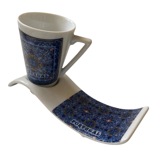 Portugal Azulejo Ceramic Espresso Cup Saucer Tray Set Blue White Souvenir For Sale