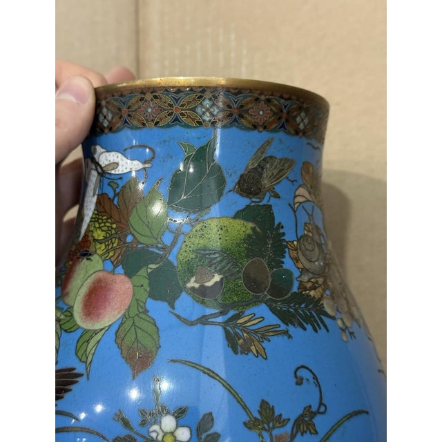 Meiji Japanese Cloisonne Enamel Vase With Quail, Insects, Fruit, and Flowers For Sale - Image 15 of 15