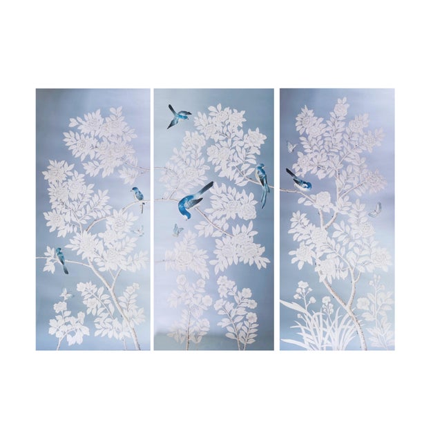 Unframed Hand-Painted Silk Blue Chinoiserie Wallpaper Panels - Set of 3 For Sale - Image 9 of 9