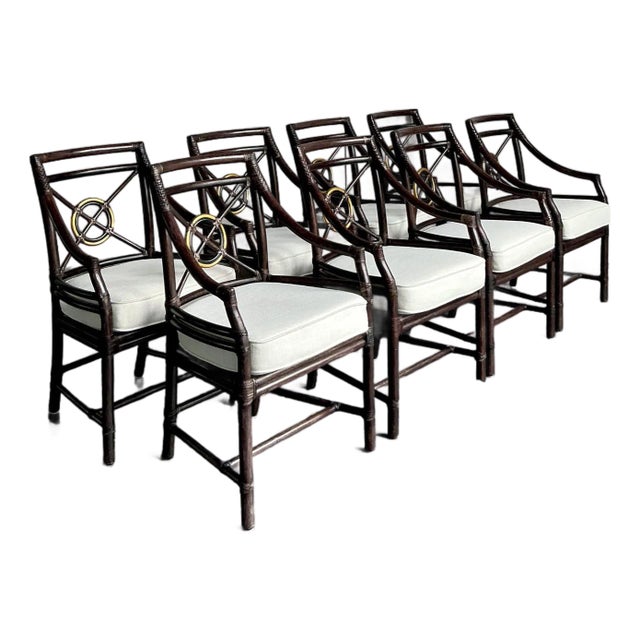 Vintage Coastal McGuire Target Back Rattan Dining Chairs - Set of 8 For Sale